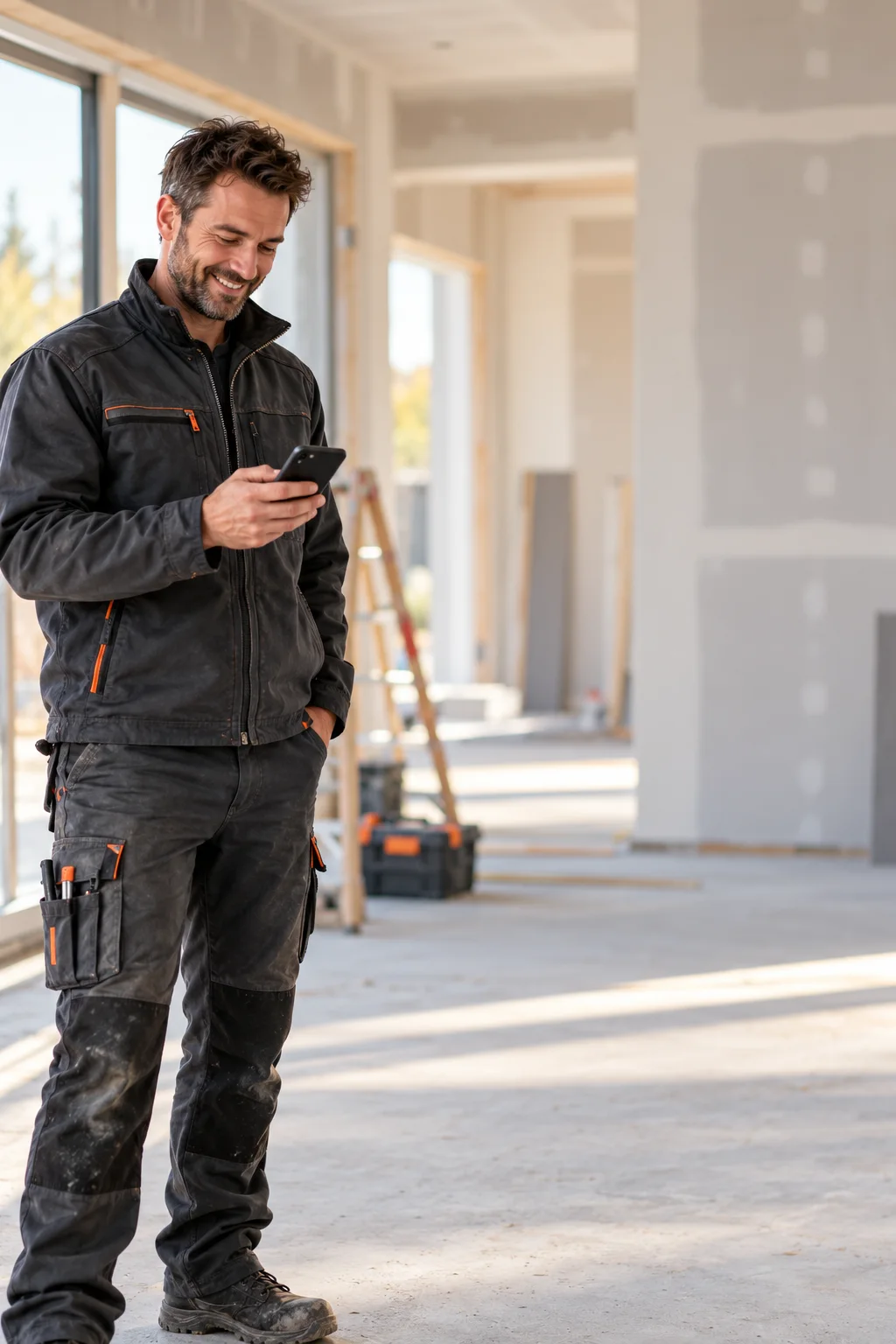 Handwerksmeister schaut auf der Baustelle lächelnd auf sein Smartphone